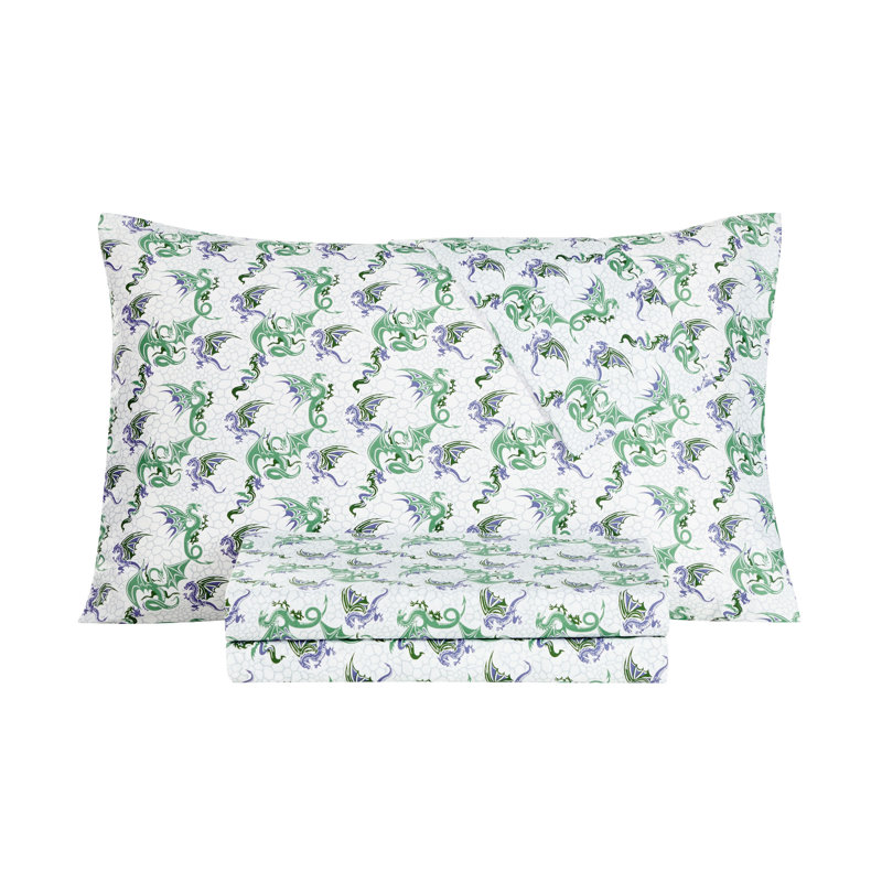 Dragon Scales 4pc Full Sheet Set, Green/Dragon, Full Sheet Set with 2 Pillowcases