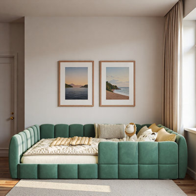 Velvet Upholstered Daybed with Grid Pattern and Slats Support