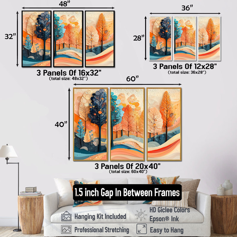 «4 Seasons Forest Trees Dream Fragments I», art mural sur toile, 3 panneaux, H 28 po x l 36 po, Noir