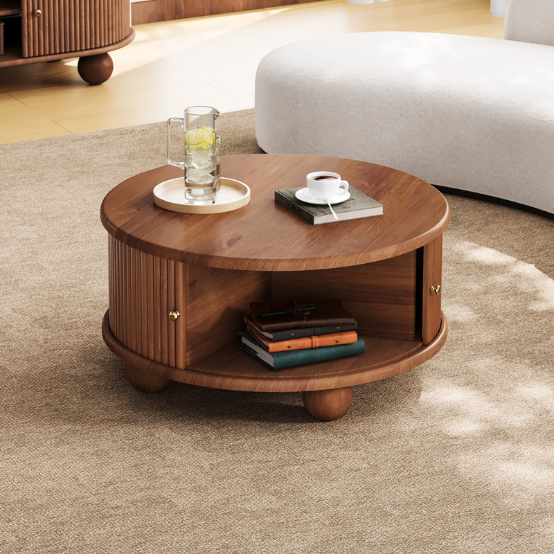 Table basse ronde cannelée avec rangement caché, porte coulissante lisse, Noyer