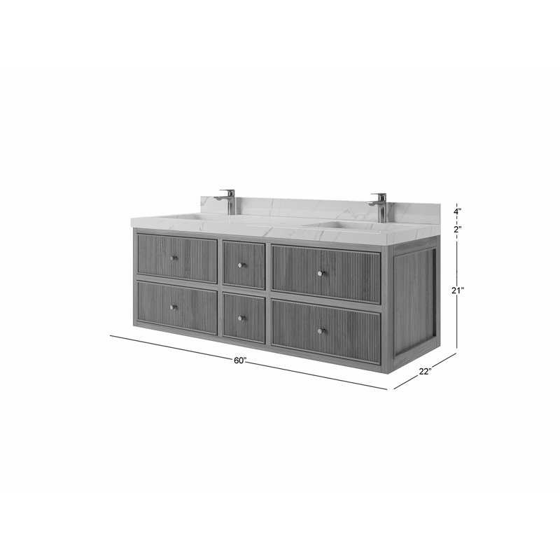 Sonoma Floating Teak 60'' Double Bathroom Vanity with Quartz Top