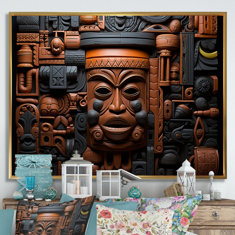 Masque africain brun et noir à motif de Kuba - Masque africain grand art mural, H 30 po x l 40 po x P 1,5 po