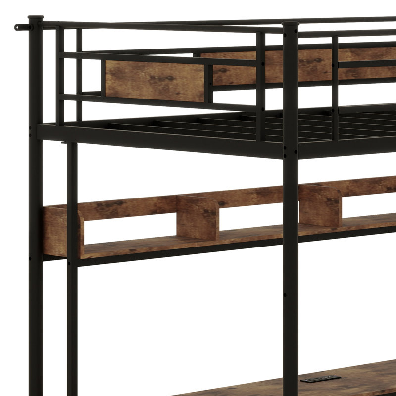 Loft Bed With L-Shaped Desk, Charging Station,  Drawers And Safety Guardrail