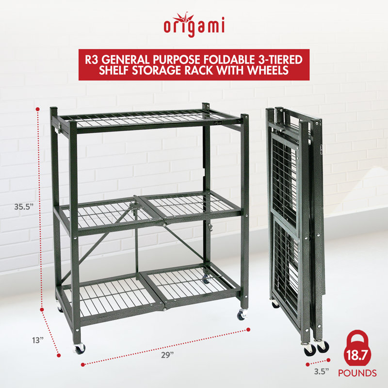 Origami 3-Shelf Storage Rack & Wheels, Pewter