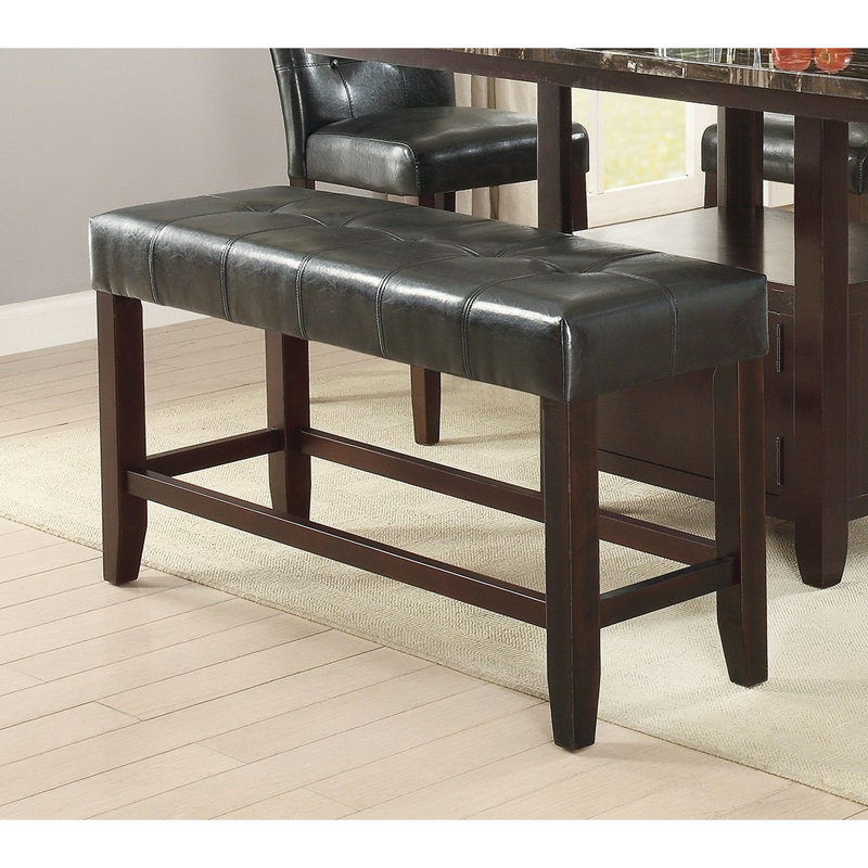 Counter Height Bench With Black Faux Leather Seat - Cushion For Dining Room Wooden Frame Modern Base Style, Black