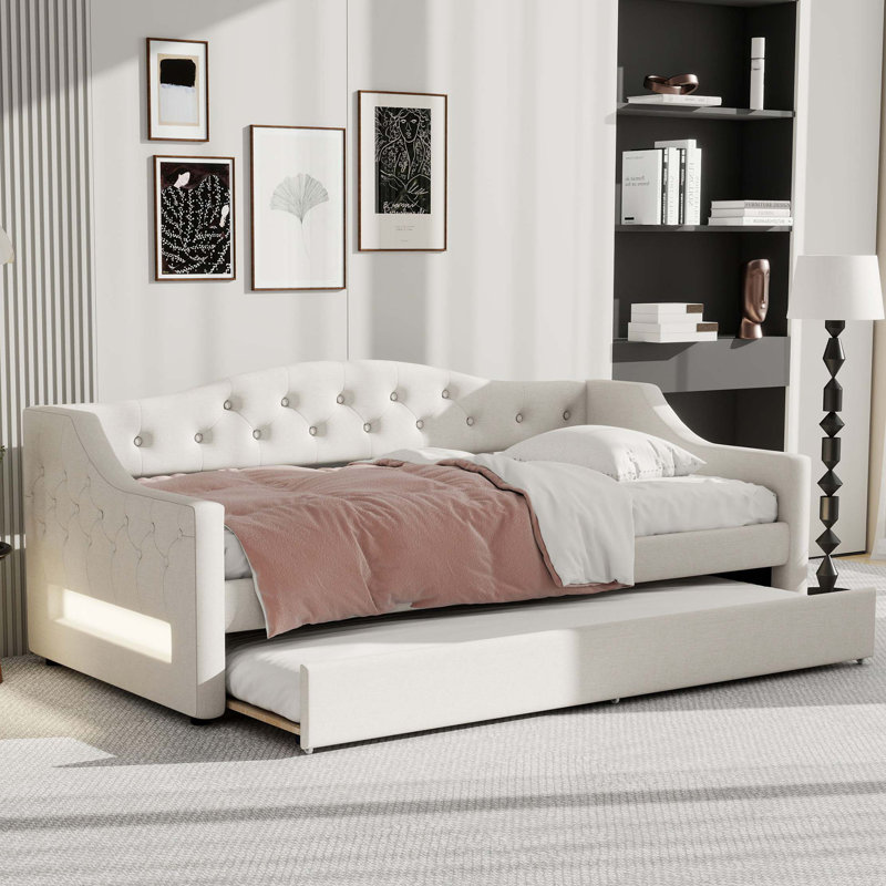 Lit de jour tapissier simple TG avec ceinture et gigogne à DEL, Beige
