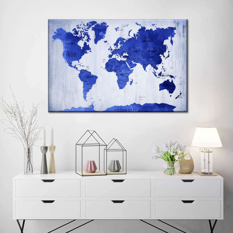 Carte du monde bleu vif sur toile, H 16 po x l 24 po x P 1,25 po
