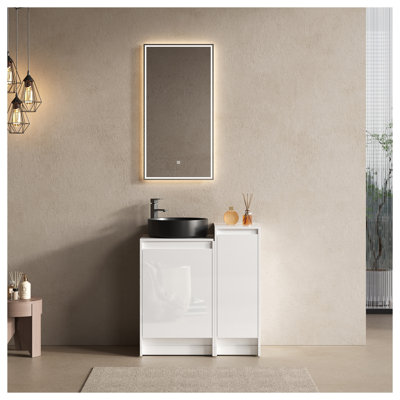 Meuble-lavabo autoportant 32 po avec finition blanc brillant et lavabo en céramique noire