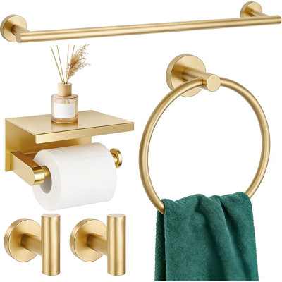 Ensemble d'accessoires de quincaillerie de salle de bain 5 pièces en or brossé, ensemble de barre à serviettes en acier inoxydable de 24 pouces SUS304, ensemble de porte-serviettes de salle de bain rond, porte-serviettes mural pour salle de bain