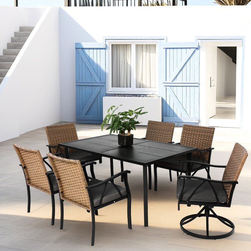 Ensemble de salle à manger de patio 7 pièces, chaises confortables avec coussins amovibles, mobilier brun/gris, plateau de table en acier, pieds réglables, siège confortable, brun/gris