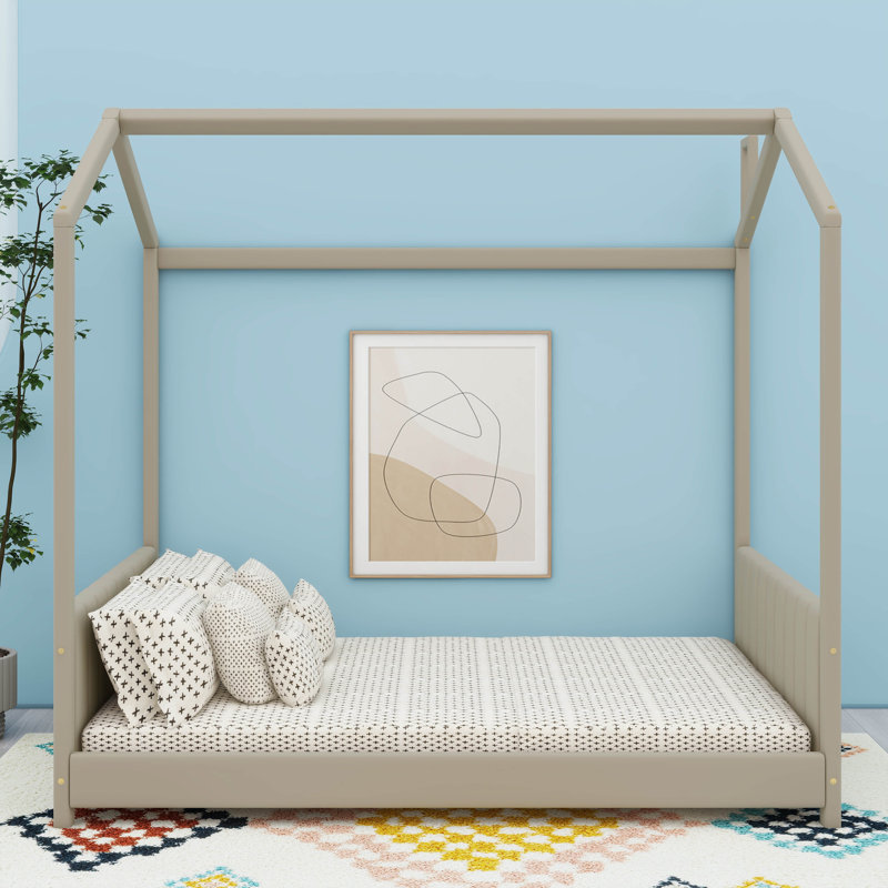 Lit en bois avec tête de lit en velours, Lit double, Beige