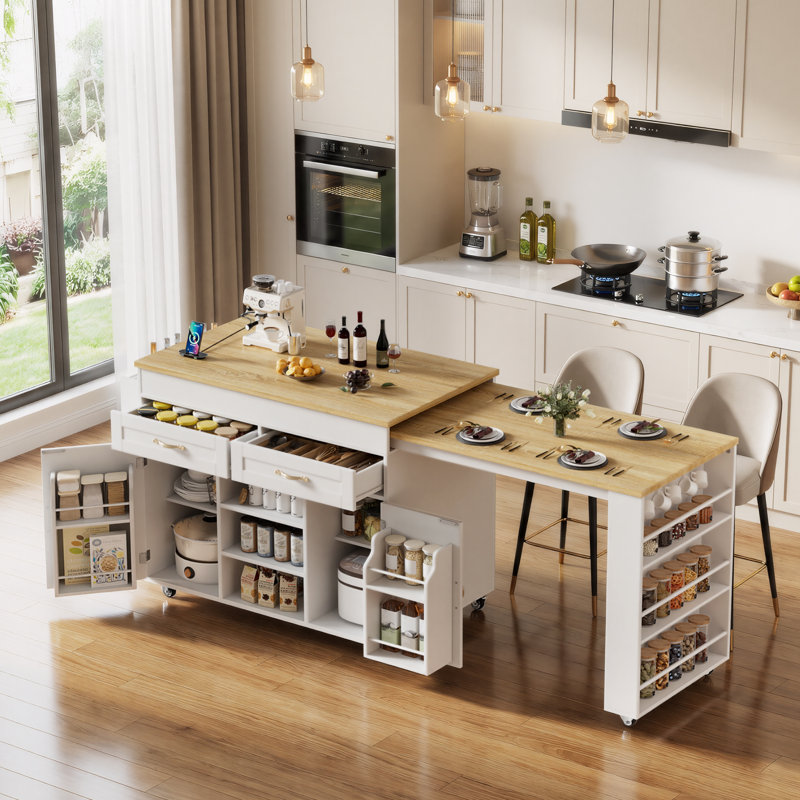 Îlot de cuisine avec table de salle à manger extensible, îlots de rangement mobiles, chariot de cuisine roulant avec deux armoires, prise de courant, support à épices et porte-serviettes