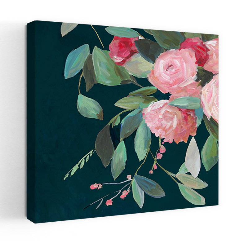«Blossoms On Deep Green Canvas I», art mural contemporain abstrait, H 36 po x l 36 po