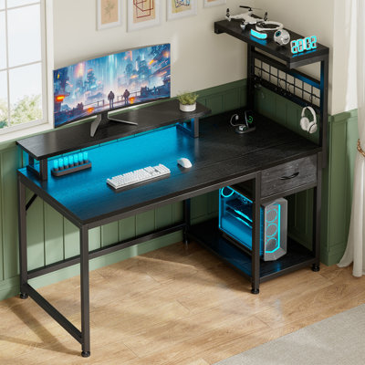 Computer Gaming Desk With Led Light & Drawers & Reversible Shelves by Inbox Zero