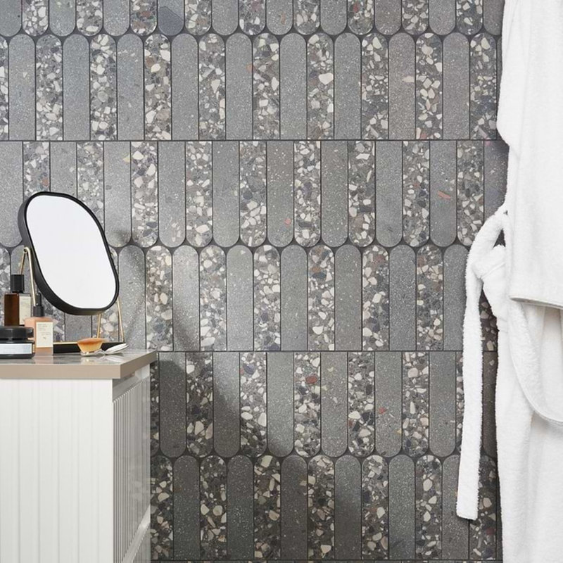 Kobe Fin 2X8 Terrazzo Look Matte Porcelain Mosaic Tile, Charcoal Gray