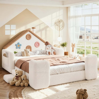 Lit double rembourré en forme de maison double, rails latéraux sécuritaires, cadre, lit de jeu bas pour enfants. Beige et naturel
