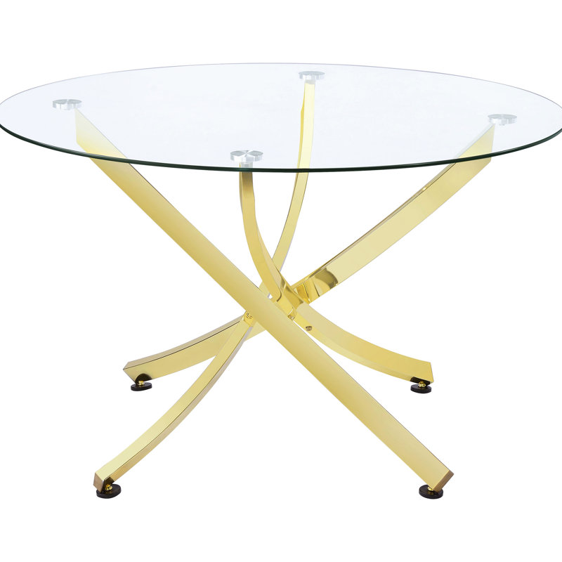 Table de salle à manger ronde pour salle à manger avec design en laiton et transparent - 29,5 pouces de hauteur, 46 de largeur, structure moderne en métal de hauteur, carrée, élégante