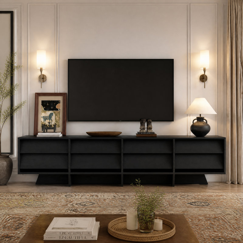 Meuble télé noir moderne de 200 cm (78,7 pouces), meuble télé sur pied grande capacité avec 8 tiroirs de rangement, meuble multimédia contemporain pour l'organisation du salon
