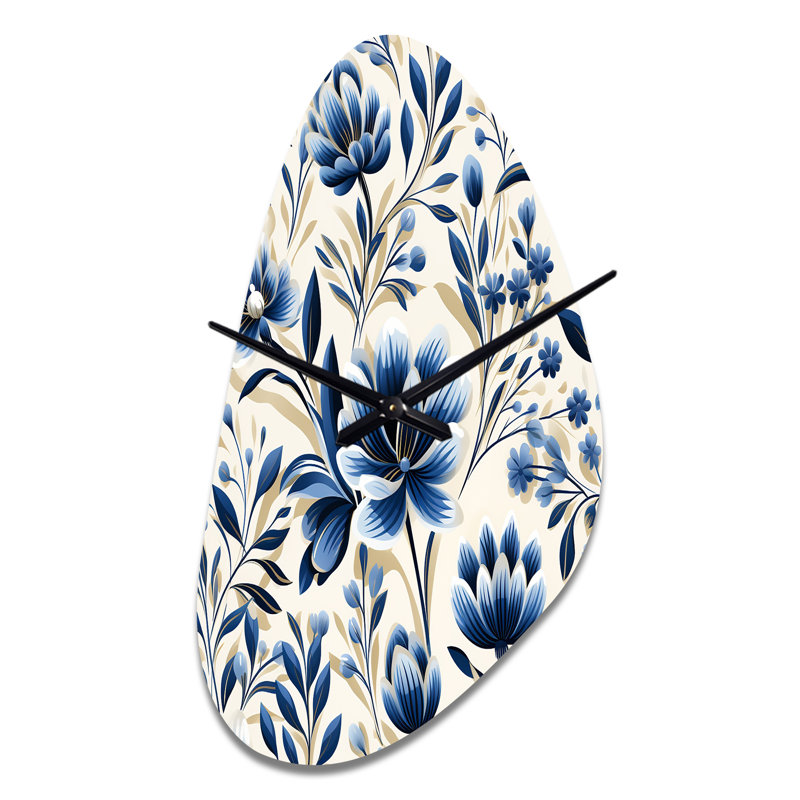 Horloge murale florale en damas bleue et blanche à motif floral irrégulier, sans horloge murale, Moyenne