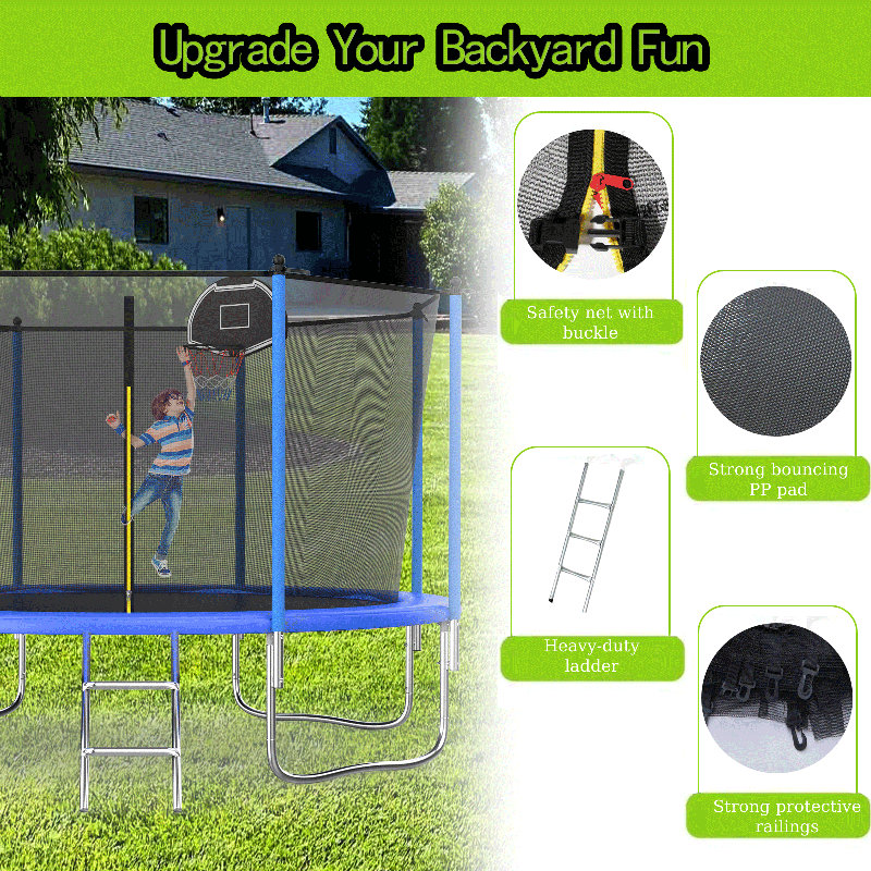 SENCHO GINSYTALIOR 12' Round Backyard Trampoline with Safety Enclosure