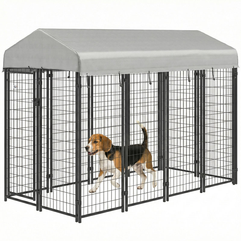 Grand chenil pour chiens recouvert pour l'extérieur, H 72 po x l 48 po x P 96 po, Gris / noir
