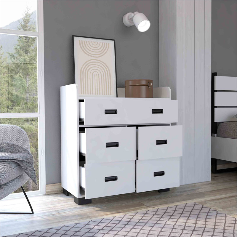 Commode en panneau de particules blanc doux avec 5 tiroirs et plateau spacieux pour l'organisation de la chambre à coucher