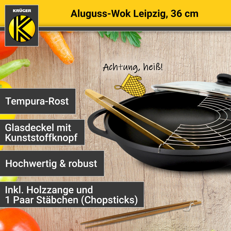 Krüger Aluguss-Wok Leipzig mit Glasdeckel und Zubehör