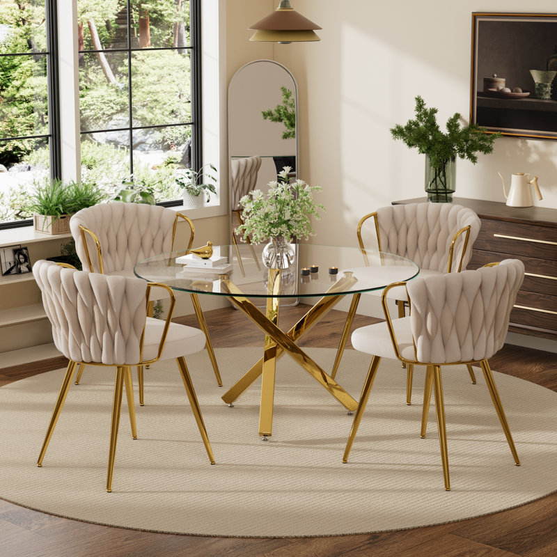 47in Glass Top Pedestal Dining Set, 5 Pieces: Table, 4 Chairs, Beige, Gold