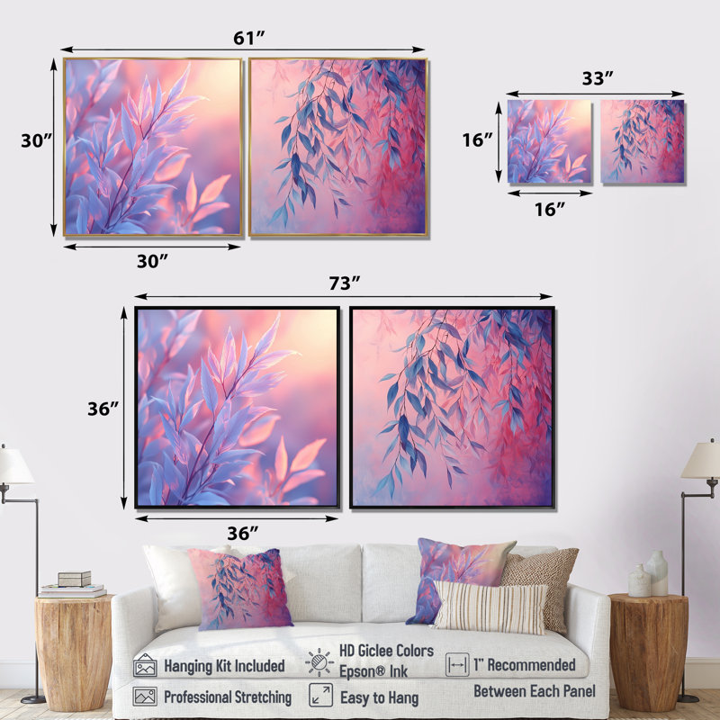 Coucher de soleil, feuilles de saule I, art mural - ensemble de 2 décorations murales traditionnelles, H 16 po x l 33 po