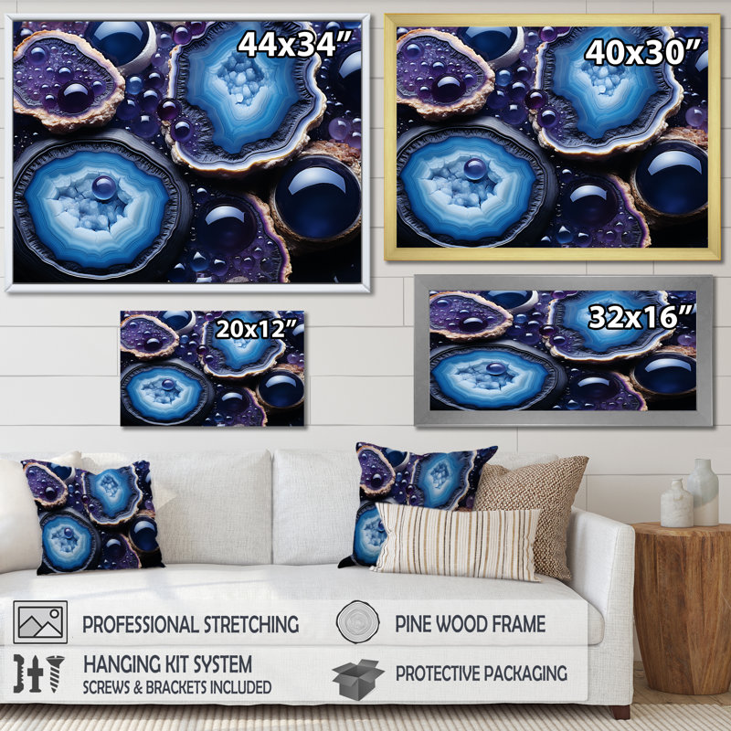 «Blue Stone Geode Volcano», art mural pierre géode, Cadre d'angle fermé noir, H 34 po x l 44 po x P 1,5 po