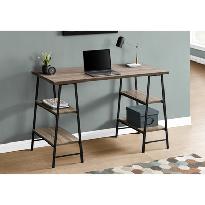 Modern Computer Desk With Shelf Storage - 48" Taupe Laminate Desktop And Black Metal Frame, Home Office Furniture Brown Legs, Industrial Look
