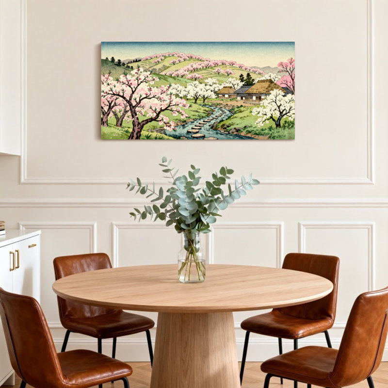 Paysage et nature, scène de village de cerisiers en fleurs au printemps, H 24 po x l 48 po