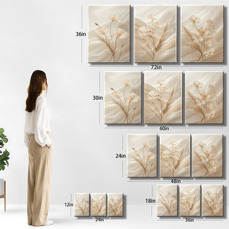 Ensemble de 3 impressions neutres sur toile de pampa beige, H 30 po x l 60 po x P 1 po