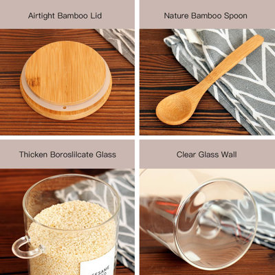 6 Pcs Glass Jar with Bamboo Lid and Spoon - 17 oz Large Sugar Container with 148 Kitchen Pantry Spice Jar