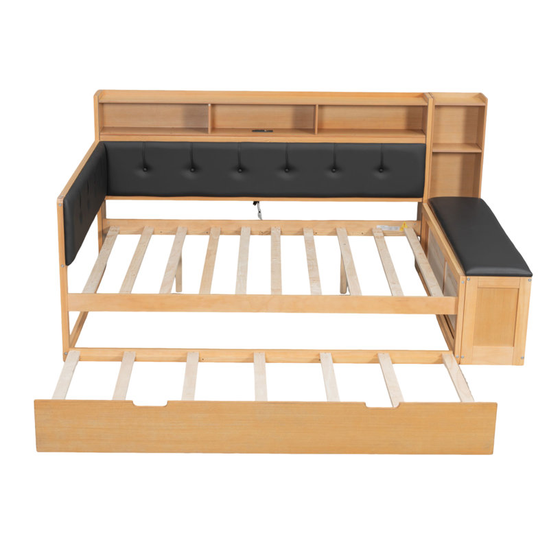 Full Wood Daybed with Trundle, Storage Shelves, Bench & Charging Station, Upholstered Headboard, Natural + Black