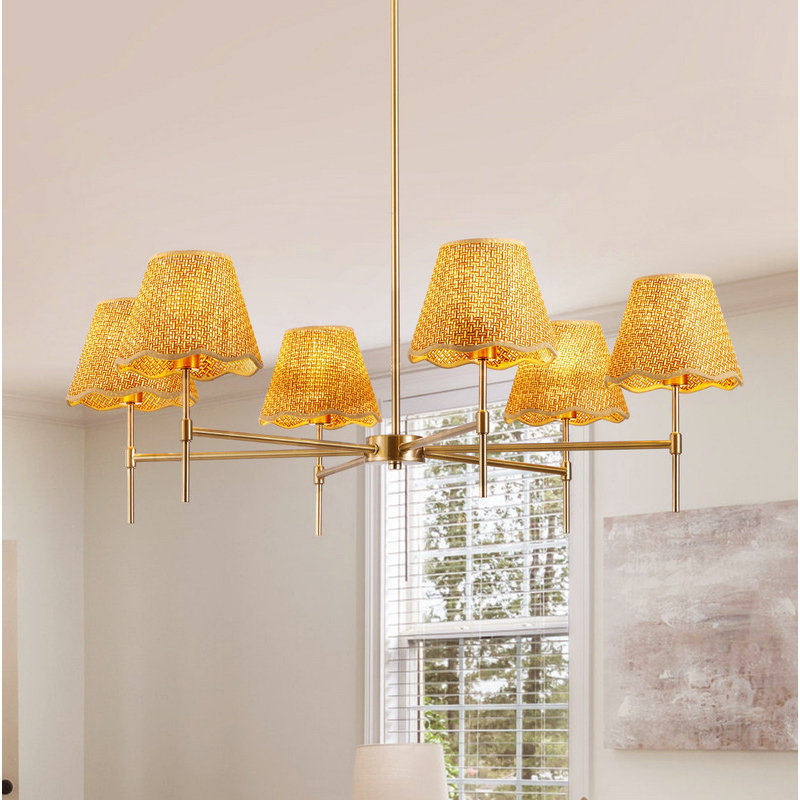 6-Light Boho Rattan Pendant Light, Rustic Industrial Large Adjustable Chandelier, UL Listed Ceiling Lighting Fixture for Kitchen Island, Dining Room and Living Room