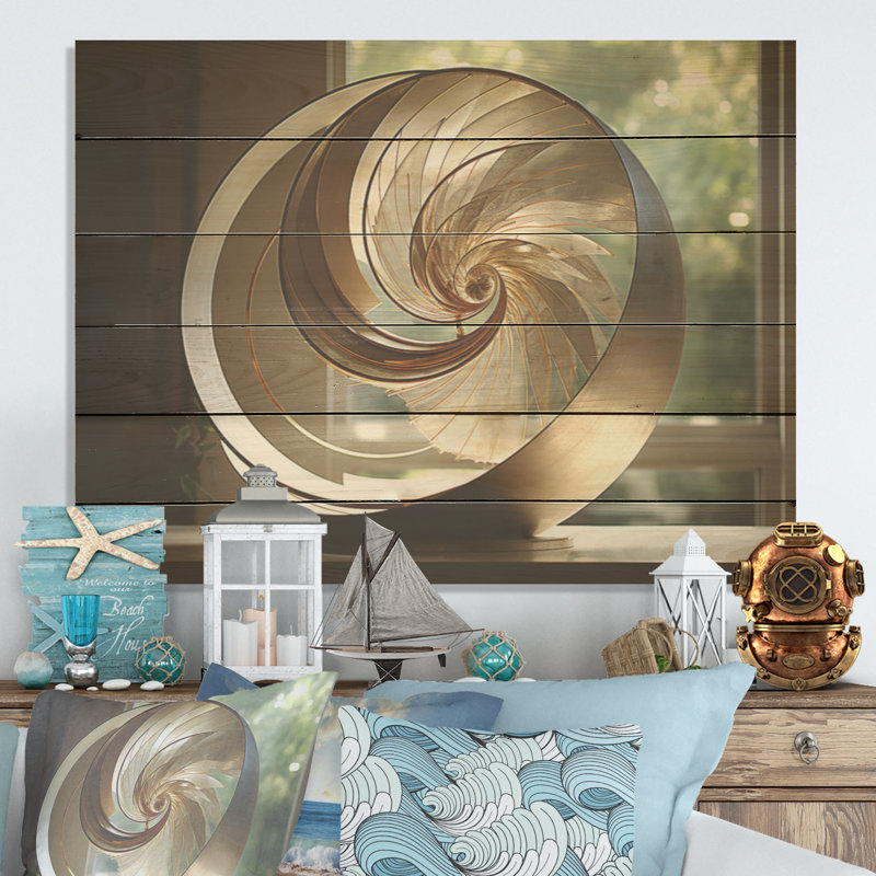 Bronze Beauty Nautilus Vortex - Nautilus Wood Art On Natural Pine Wood, 24" H x 32" W