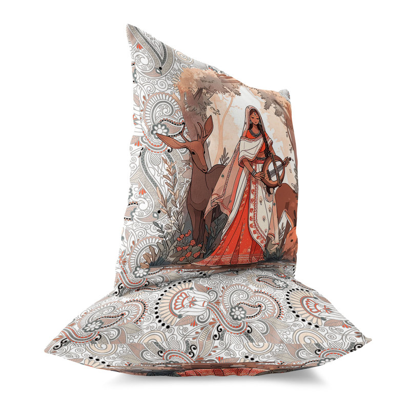 Coussin décoratif réversible intérieur / extérieur Forest Melody, H 18 po x l 18 po, Blanc / orange / taupe