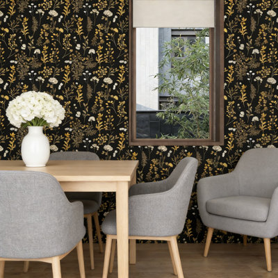 Vintage Floral Peel And Stick Wallpaper - Black & Gold Botanical Contact Paper, Self-Adhesive Removable Waterproof Vinyl For Walls, Furniture, Cabinets, And Drawers