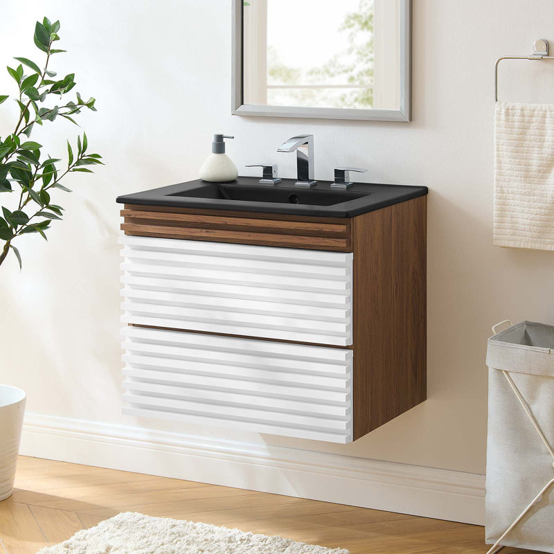 Render 24" Wall-Mount Bathroom Vanity, White/Walnut