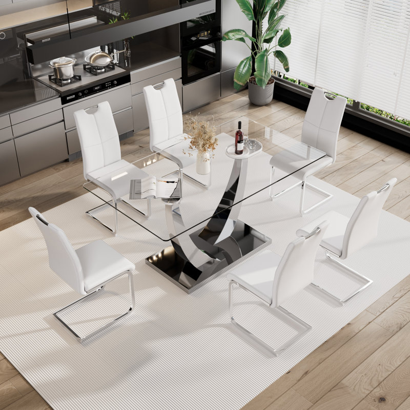 Ensemble de salle à manger 7 pièces, Argent, Blanc / argent