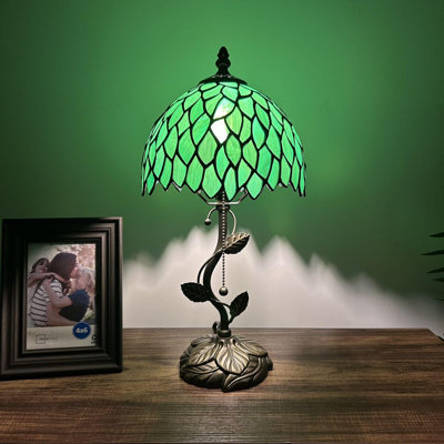 Tiffany Table Lamp Green Stained Glass Green Leaves LED Bulb Included 8"W*8"D*16"H