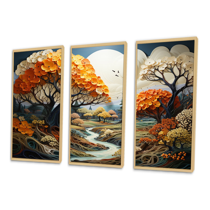 «Trees Charm In Summer Charm» - ensemble d'art mural arbre, Cadre naturel flottant, H 32 po x l 48 po x P 1 po