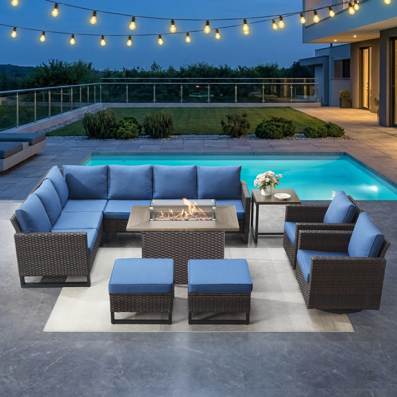 Kreda 7-Piece 8-Person Powder Coated Steel Outdoor Seating Group, Blue, Brown