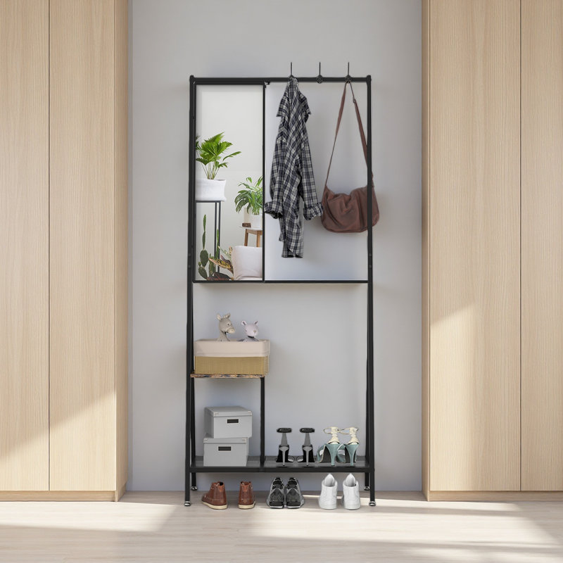 Portemanteau avec miroir, portemanteau multifonctionnel avec rangement pour chaussures, structure en aluminium, pour salon chambre à coucher de 73 x 32 x 15 pouces, style industriel