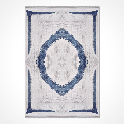 Modern Beige/Blue Machine Washable Non-Slip Area Rug