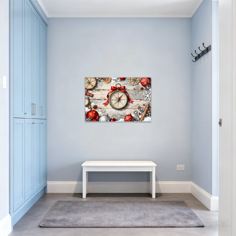 Boussole de Noël avec ruban rouge et ornements, H 32 po x l 48 po