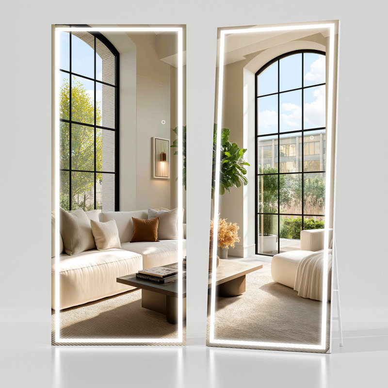Modern & Contemporary Lighted Full Length Mirror with Temepered Glass & 3 Years Warranty, Matte Black, 55" x 16"