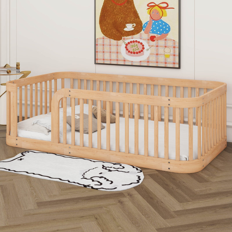 Lit simple avec clôture, lit en bois Montessori, cadre de lit pour enfants avec clôture pour garçons filles, Naturel
