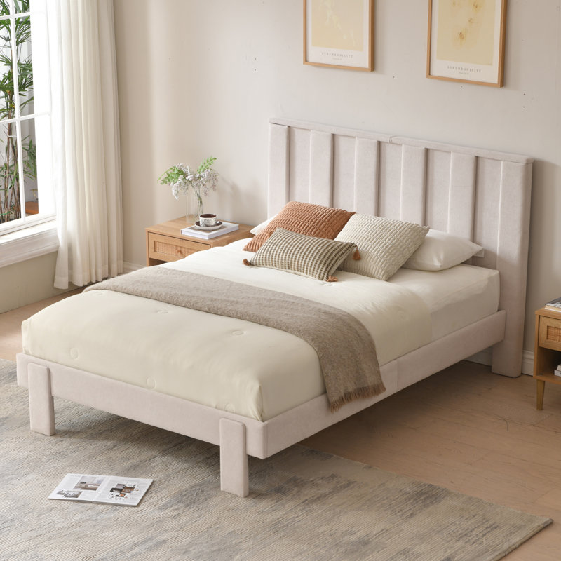 Modern Velvet Upholstered Platform Bed Frame with High Headboard, Vertical Channel Tufted Slatted Base, No Box Spring Required